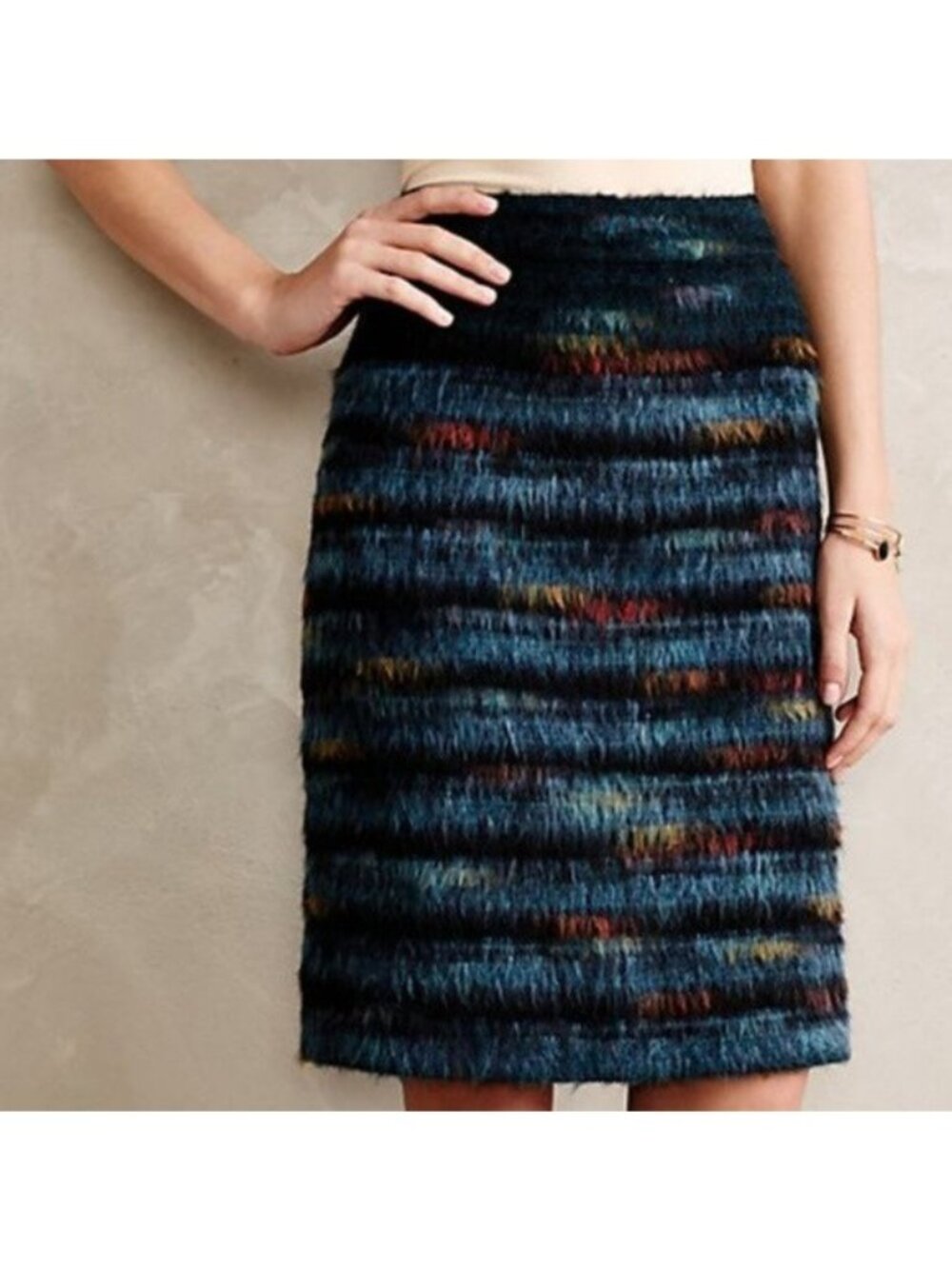 Maeve Anthropologie Blue Fuzzy Striped Pencil Skirt, Size 4